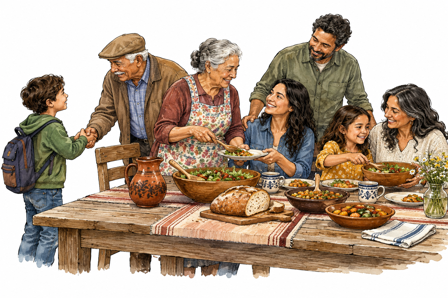 A multigenerational community follows customary greetings and shares food at a communal table, accepted social customs.