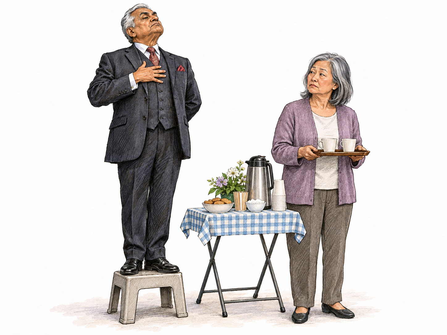 At a modest neighborhood gathering, an overdressed man assumes an absurdly grand, rigid pose on a small step stool, chin raised and one hand ceremoniously pressed to his chest.