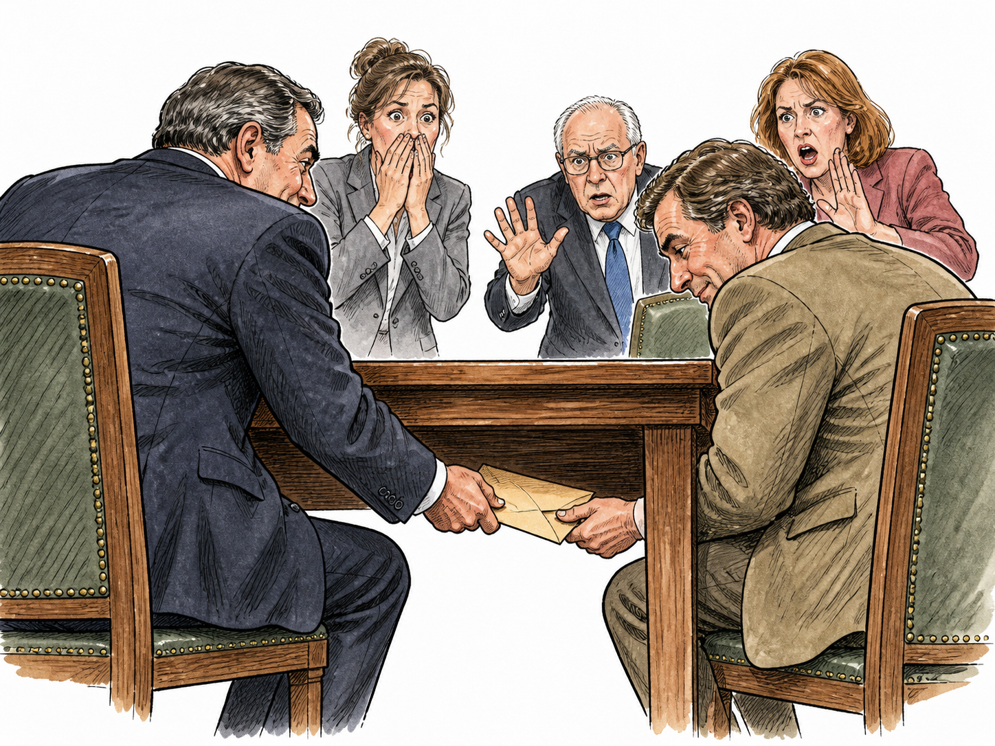 An official secretly slips a payment envelope under a table while witnesses react with shocked disapproval.