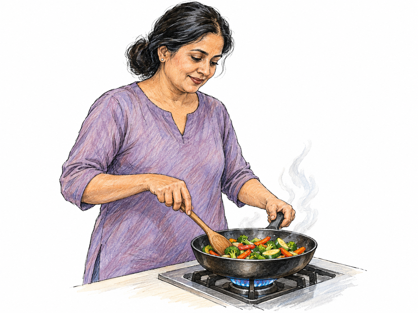 A middle-aged South Asian woman stirs vegetables in a skillet on a lit stovetop, with gentle steam making the preparation of food by heating unmistakable.