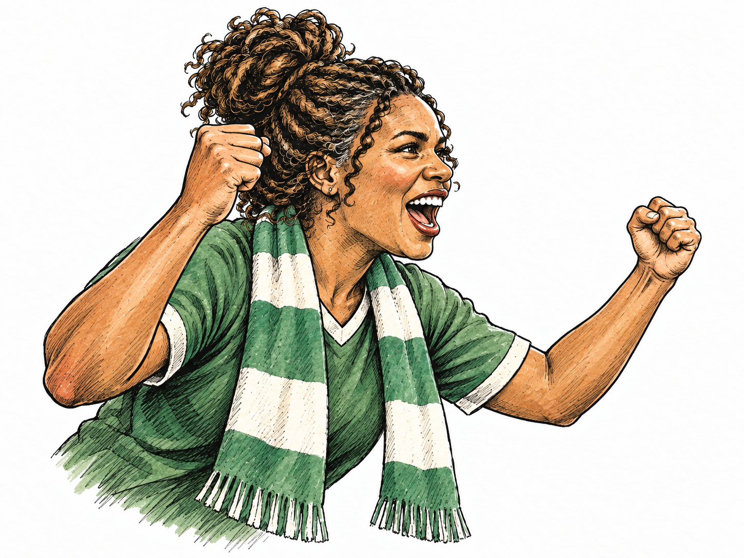 Adult Black female football supporter leans forward with both fists joyfully raised, eyes intent on distant game, plain unlettered scarf and shirt, intense devotion.