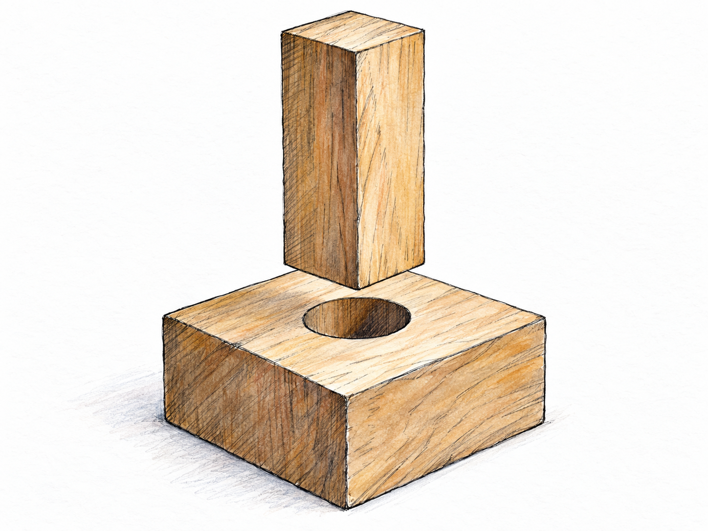 A square wooden peg positioned just above a clearly smaller round hole in a wooden block, showing two parts that cannot fit or work together.