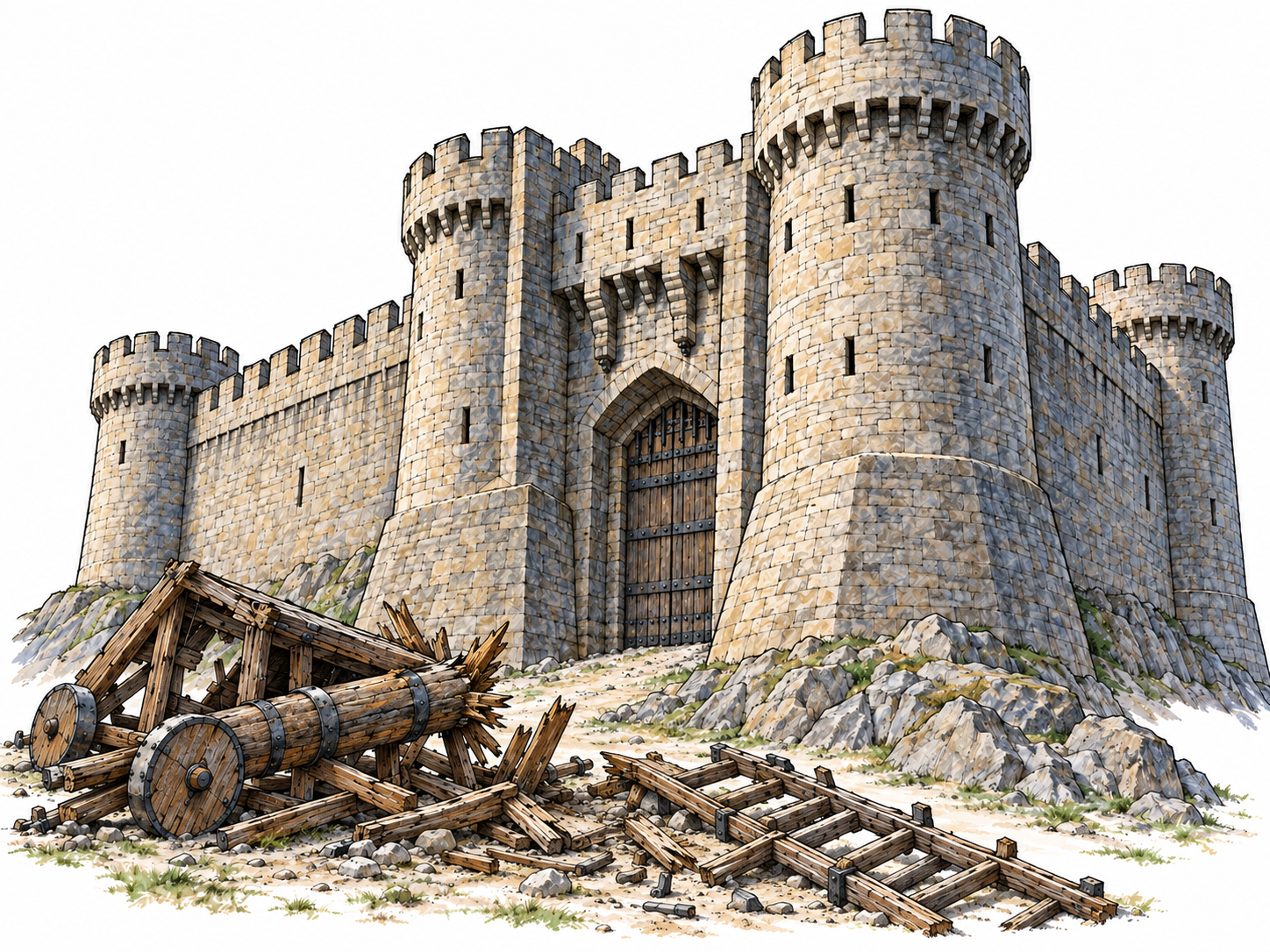 A mighty fortress stands completely intact above shattered siege engines: its massive walls, closed reinforced gate, and commanding height make the failed attack look powerless.