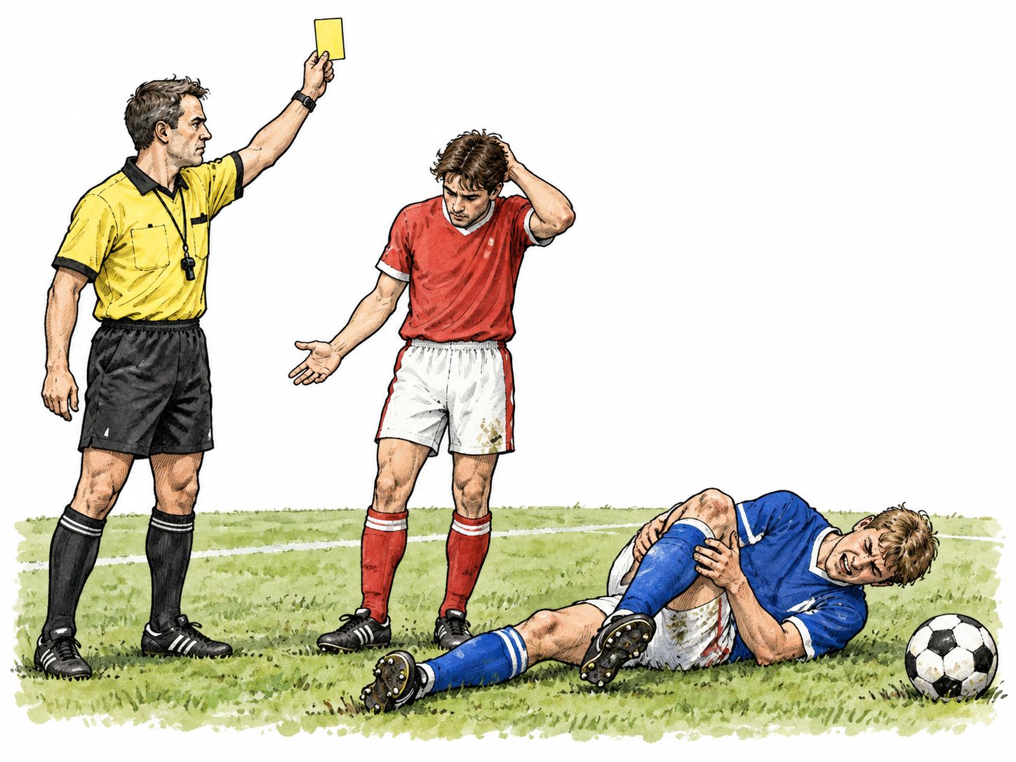 Soccer referee raises yellow card to player who tripped opponent.