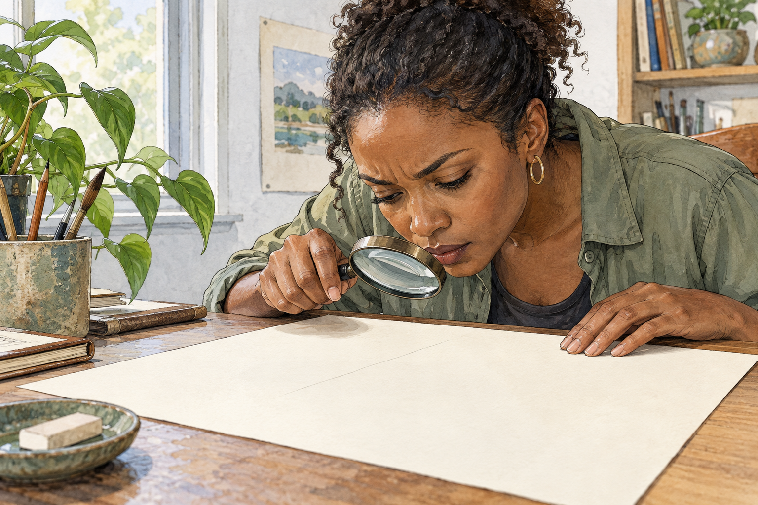 A very faint pencil line on cream paper almost blends into background, adult peers closely to notice it, no text.