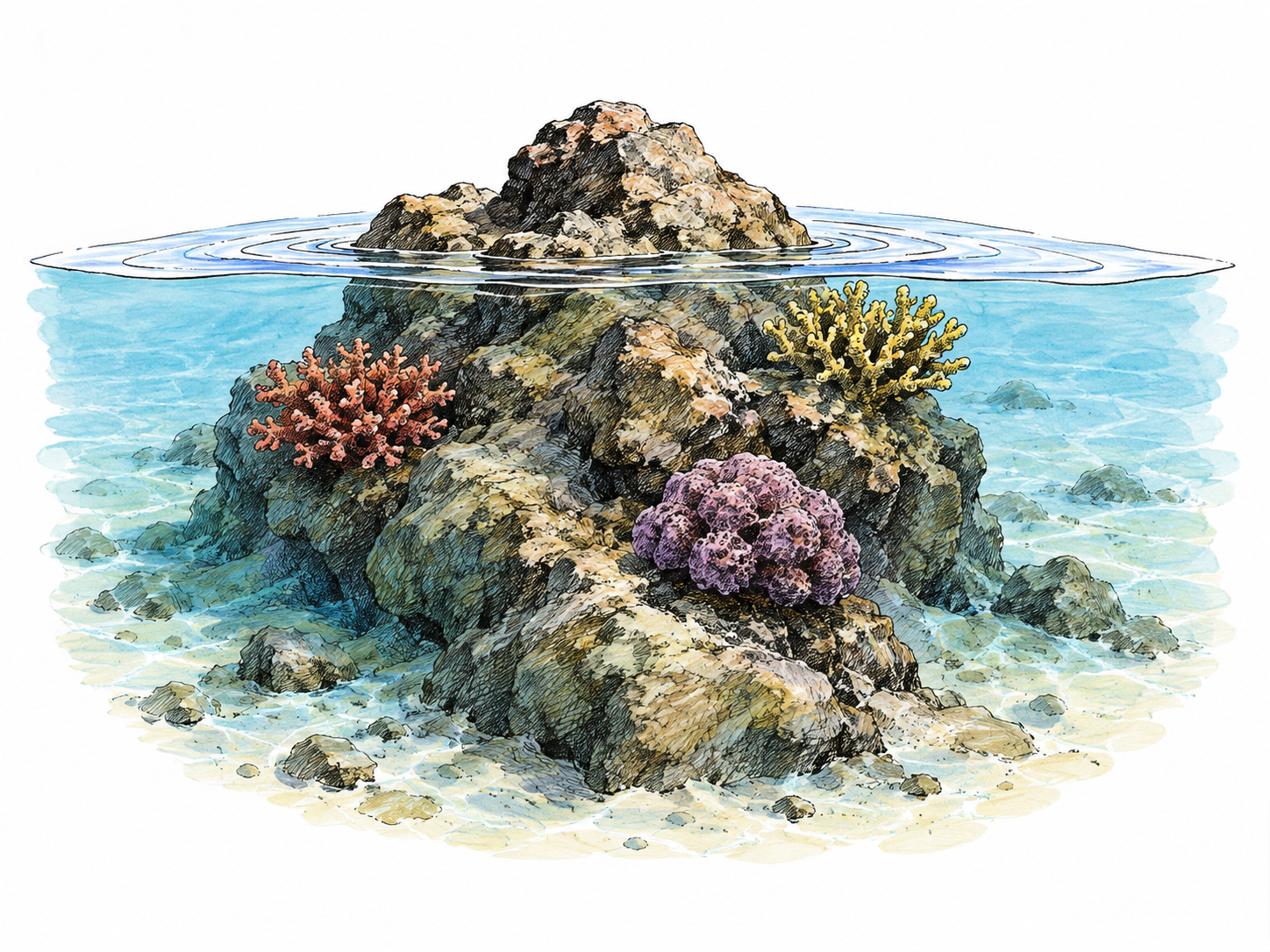 A compact cutaway of shallow seawater shows a continuous ridge of rock and coral rising close to the water surface; a few small natural corals, no people, boats, lettering or panoramic ocean.