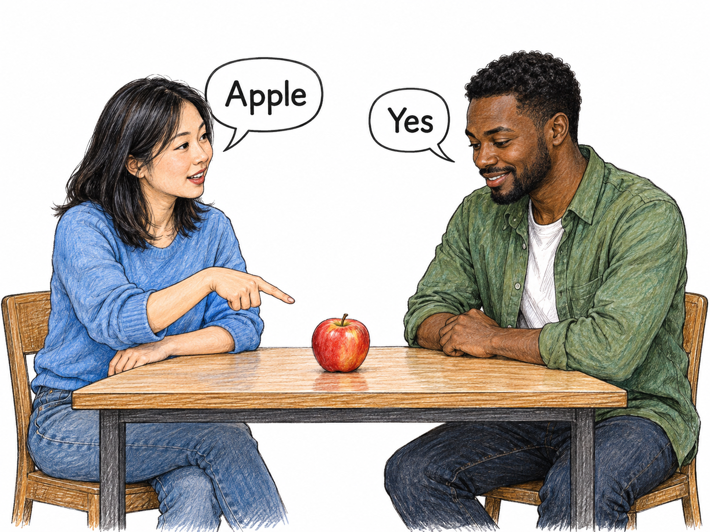 Two adults communicate across a small table holding one red apple.