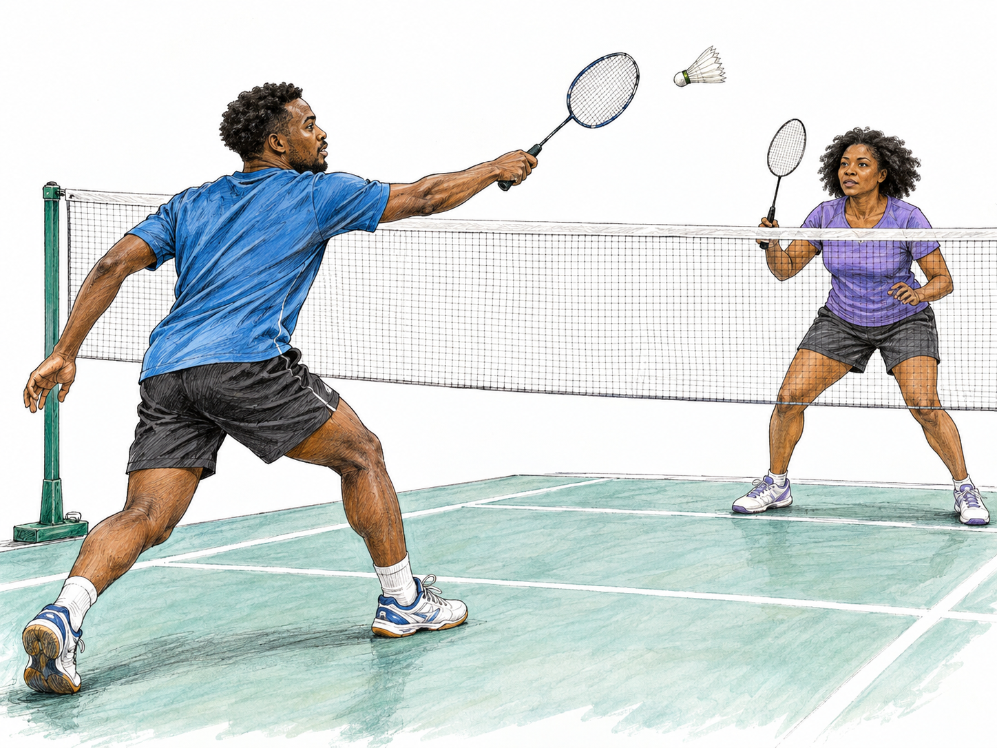 Two players on opposite sides of a badminton net: one strikes a clearly recognizable feathered shuttlecock while the other waits with a badminton racket.
