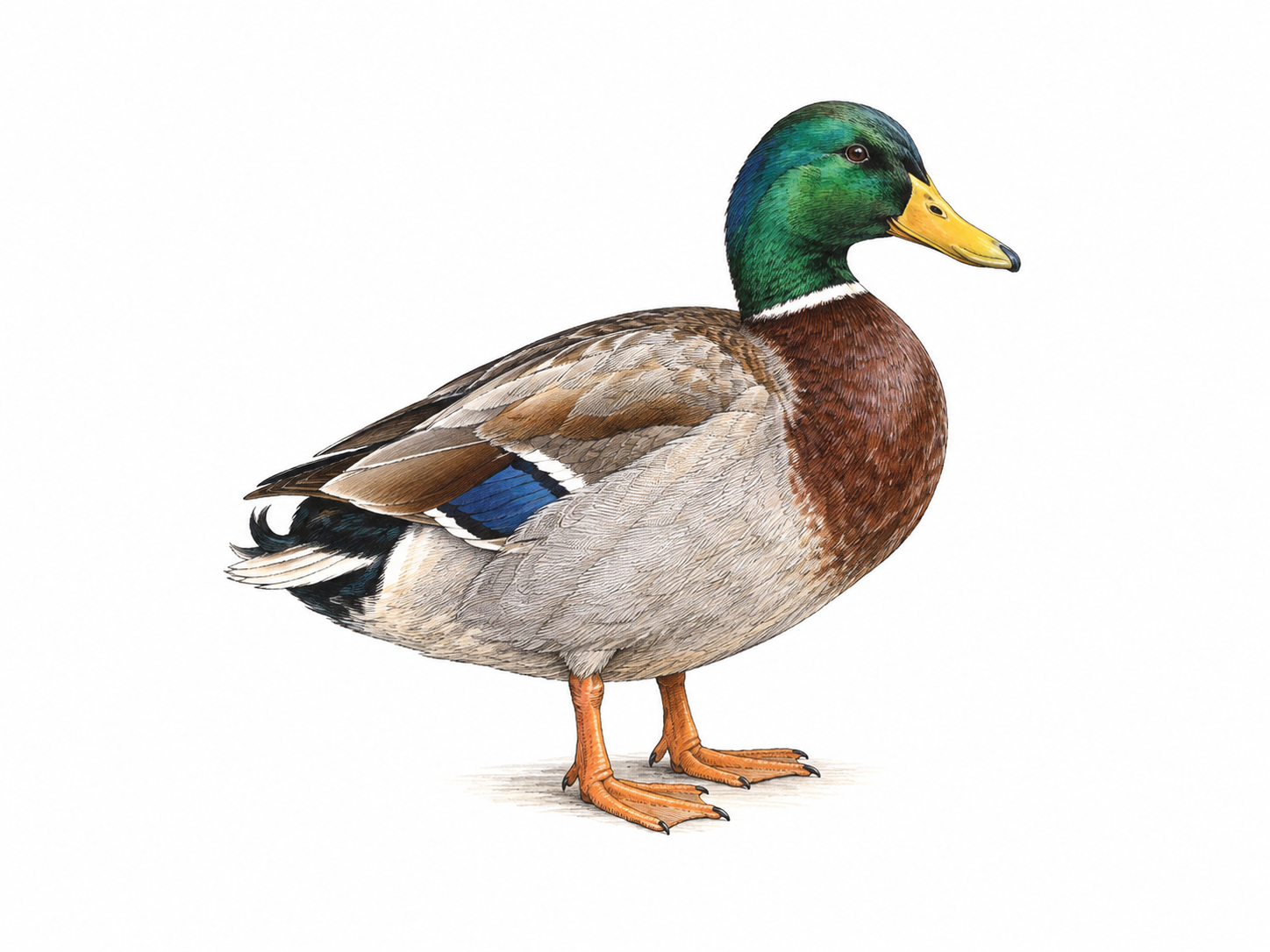 A male mallard duck standing naturally in three-quarter side view with green head, brown breast, patterned gray body feathers and blue wing patch; render the overlapping feathers as its complete plumage, with just a tiny ground shadow.