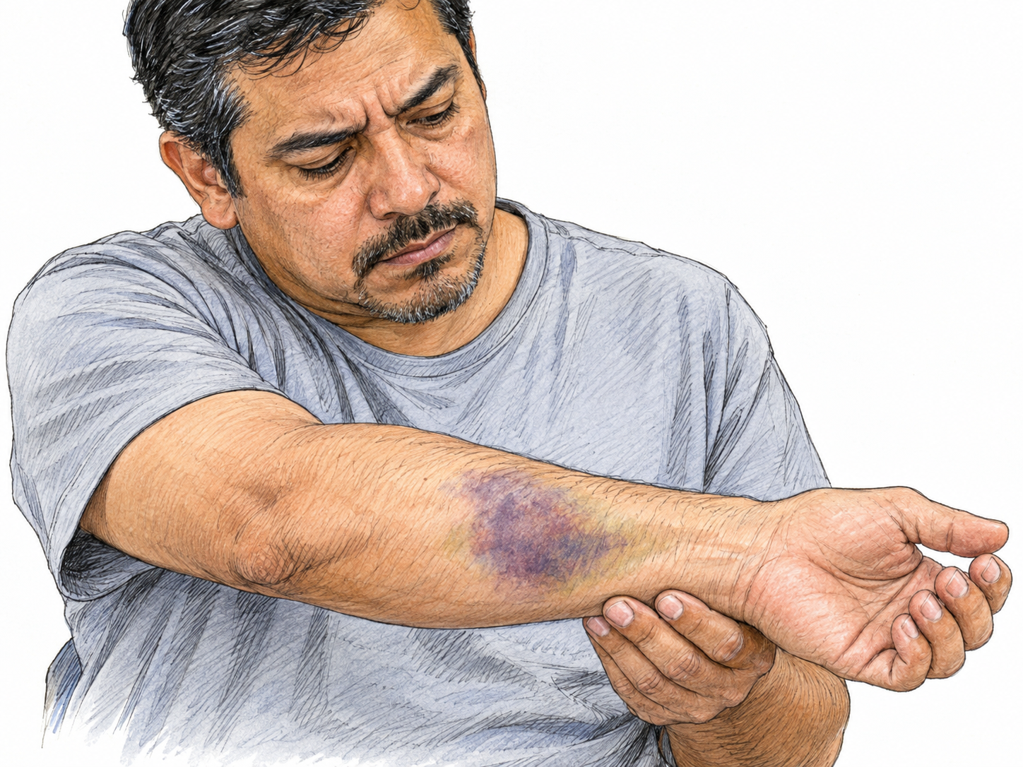 Close view of a man examining a conspicuous purple-blue bruise on his forearm, with intact skin and softly fading yellow-green edges.