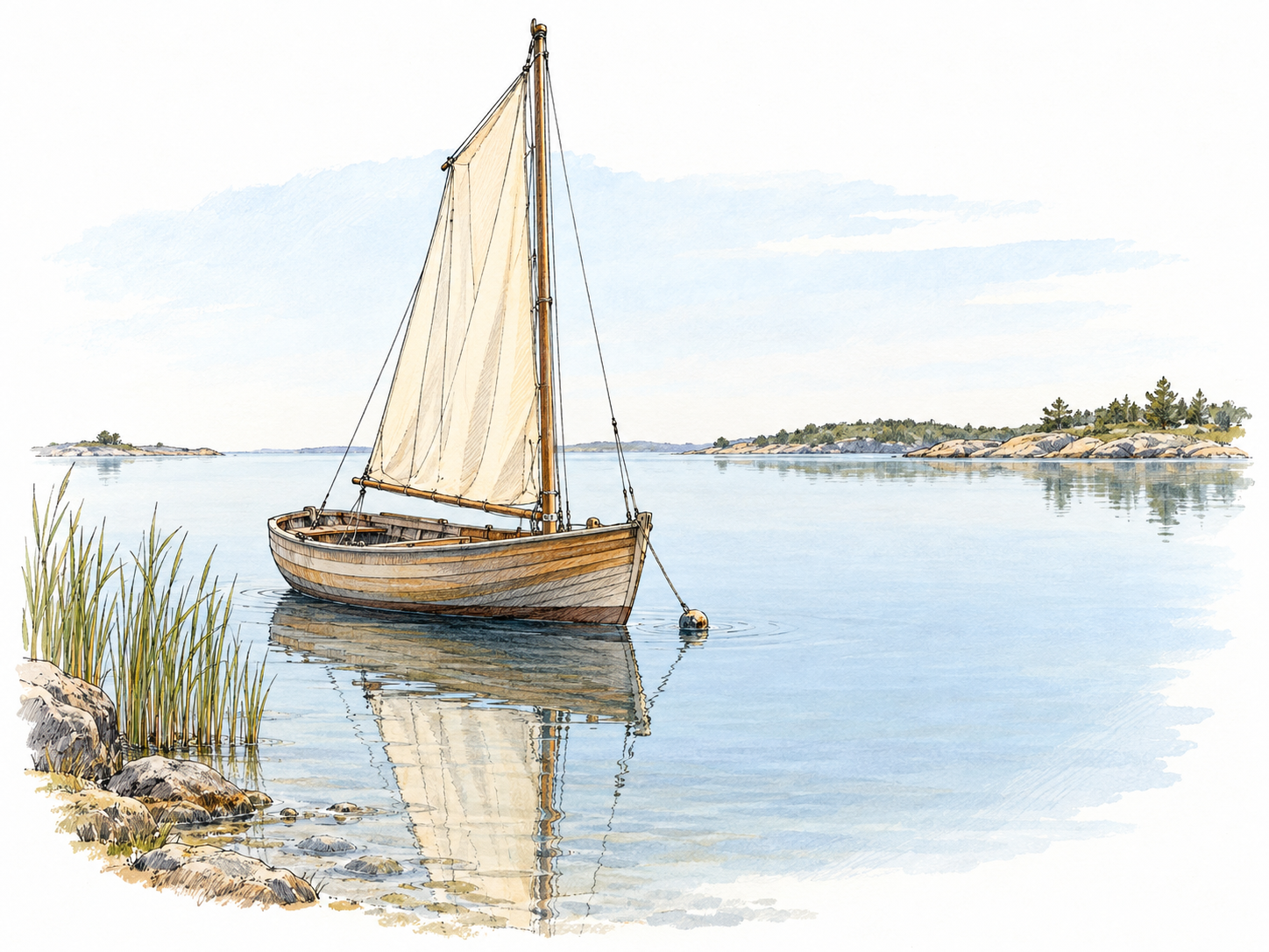 A small sailboat rests on a glassy, sheltered bay, its sail hanging slack and its hull clearly reflected in the smooth water.