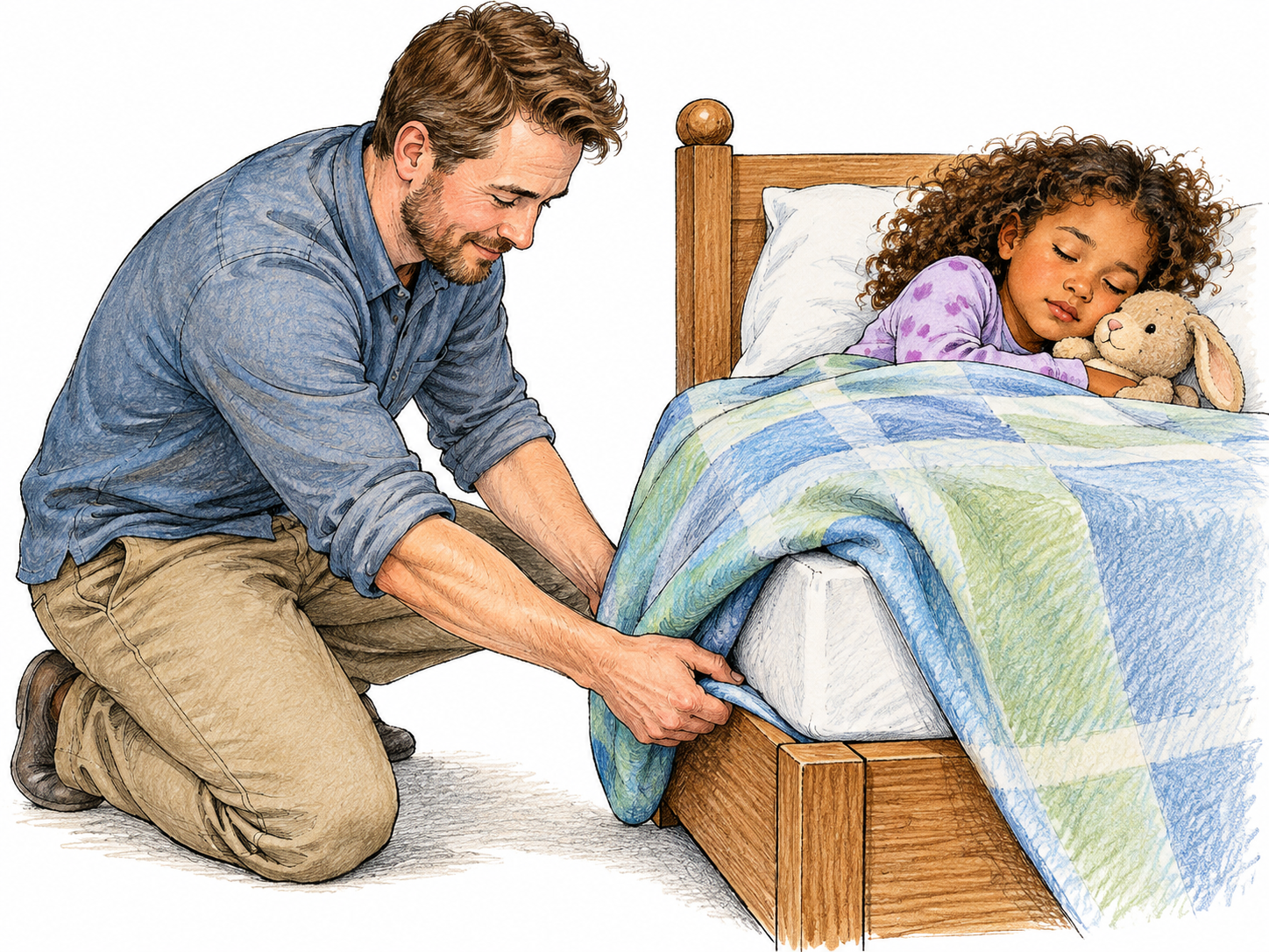 A father gently folds the loose edge of a blanket snugly beneath a child's mattress, hand and fabric tuck clearly visible; just one corner of the bed.