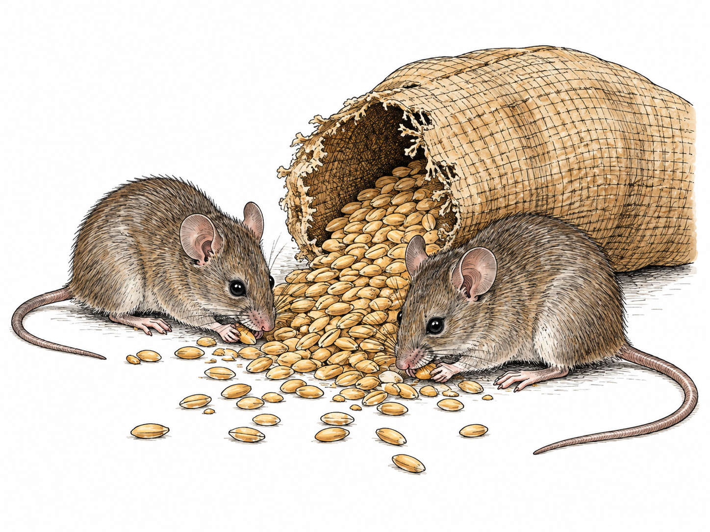 Two small mice gnaw a grain sack and eat spilled grain, illustrating destructive pests; no poison, trapping, injury or human comparison.