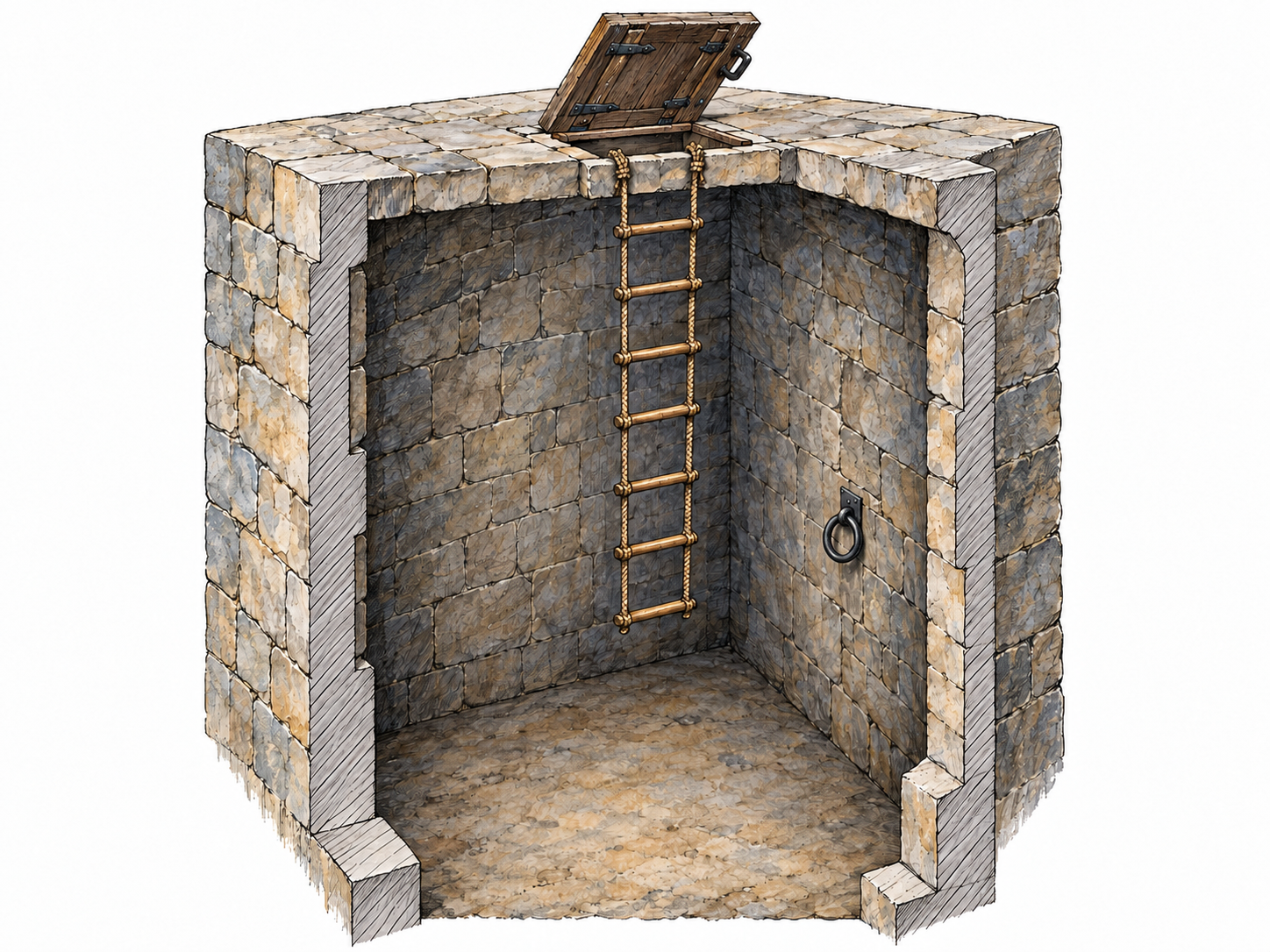 An architectural cutaway of a deep stone dungeon with uninterrupted walls and a single small ceiling hatch, making its only entrance unmistakable.