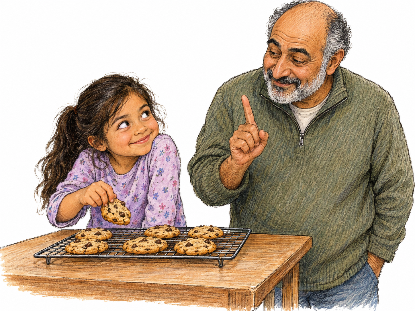 A cheeky little girl sneaks a cookie from a cooling rack while her grandfather catches her in the act, raising a gently admonishing finger but visibly smiling.