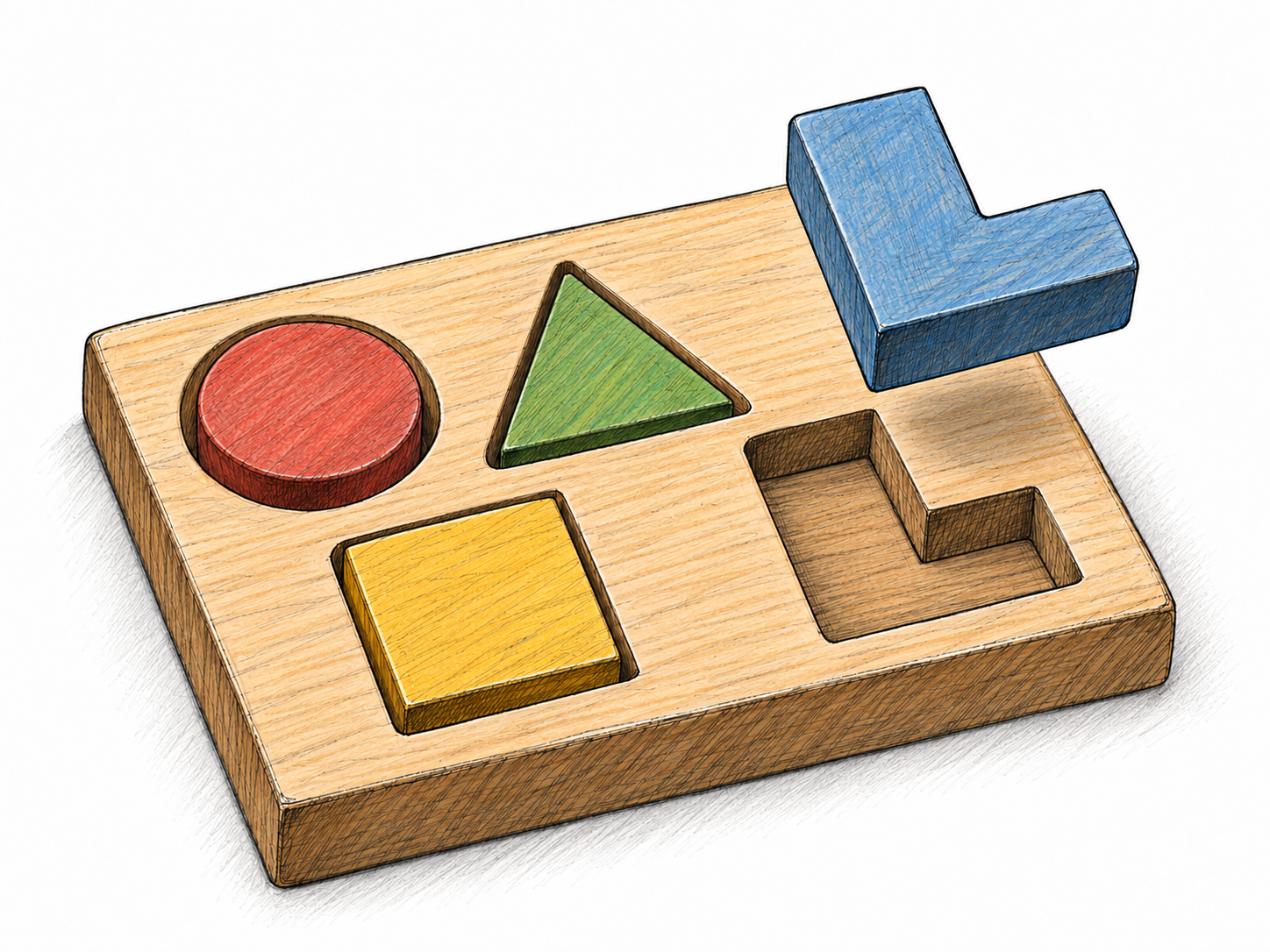 A nearly completed wooden shape puzzle with its final piece hovering just above the matching empty recess: the compatible shape and ample clearance make completion visibly possible.