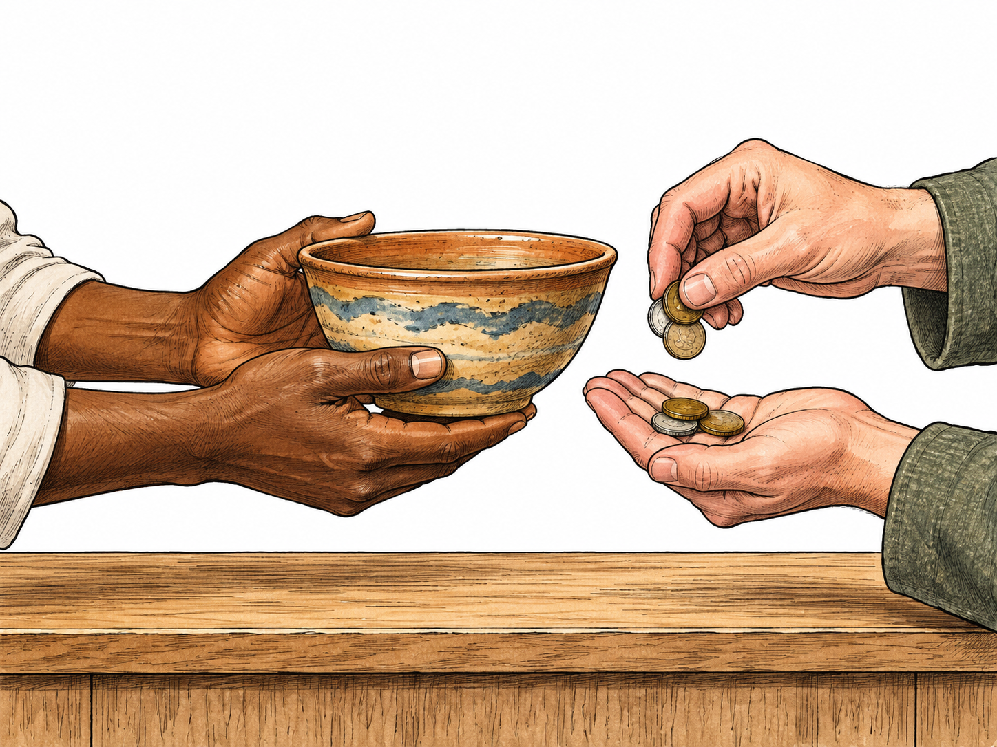 Hands exchange a pottery bowl and coins across a counter, emphasizing the completed reciprocal business exchange.