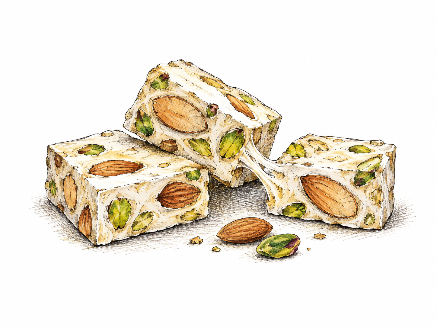 Three cut pieces of chewy white nougat with clearly embedded almonds and pistachios, one small stretched edge shows chewy consistency; visibly drawn candy surfaces with dark pen contours and fine crosshatching, sparse cream wash, no glossy food photography or packaging.