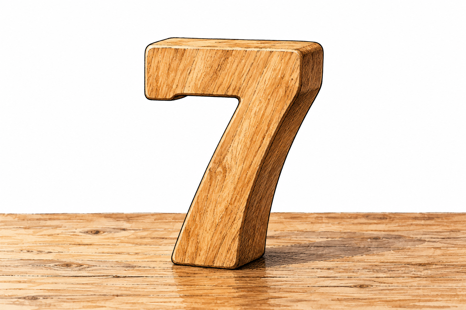 A single large numeral 7 made as a plain wooden counting piece resting on a table.