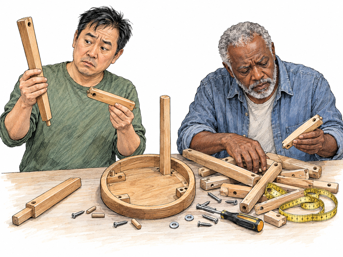Two men trying to assemble a small stool amid a muddle of mixed-up parts, loose fasteners and tangled tools.