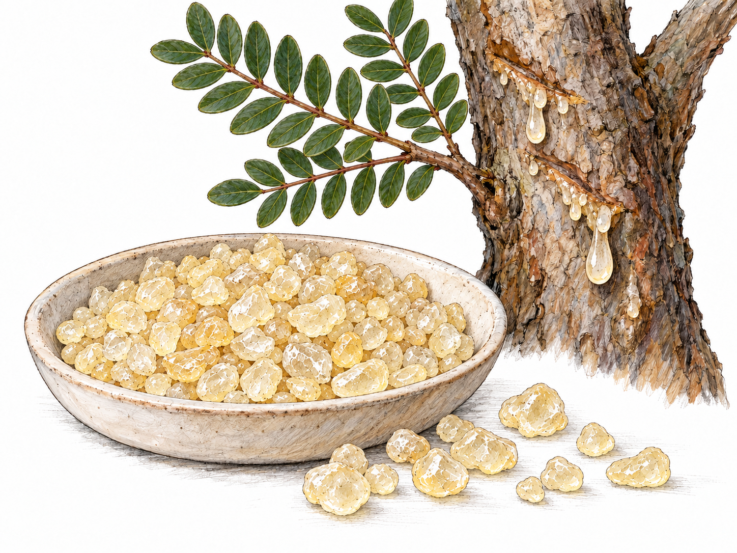 A close botanical-material study of mastic: pale translucent resin tears collected beneath a lightly scored mastic-tree trunk, with a leafy sprig identifying the plant.
