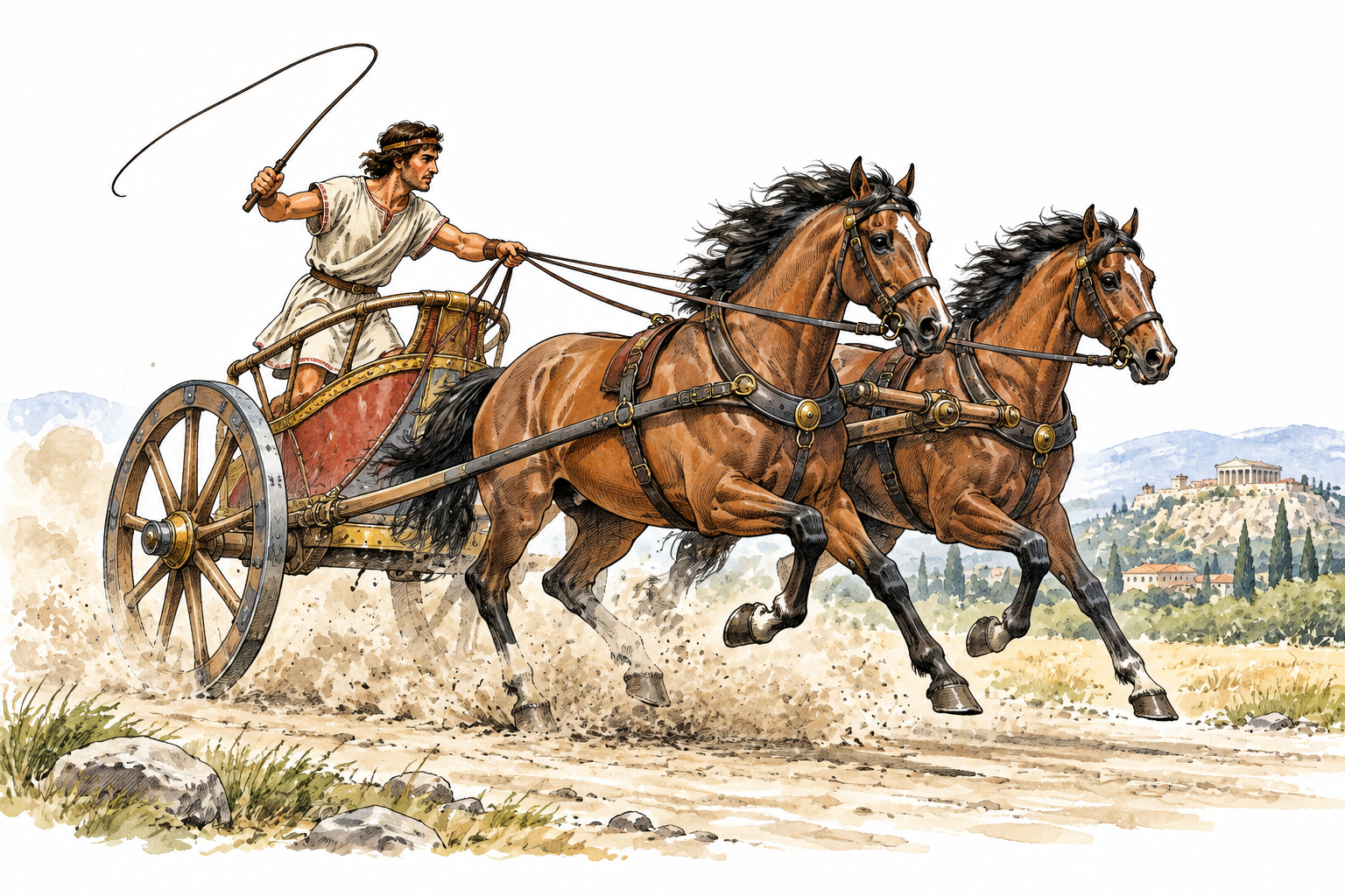 Historically plausible ancient two-wheeled horse-drawn chariot with driver in period tunic, accurate harness and wheel arrangement.