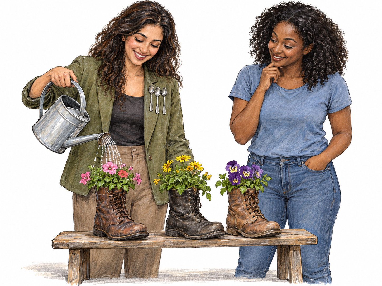 A woman wearing spoons as brooches waters flowers planted in old boots.