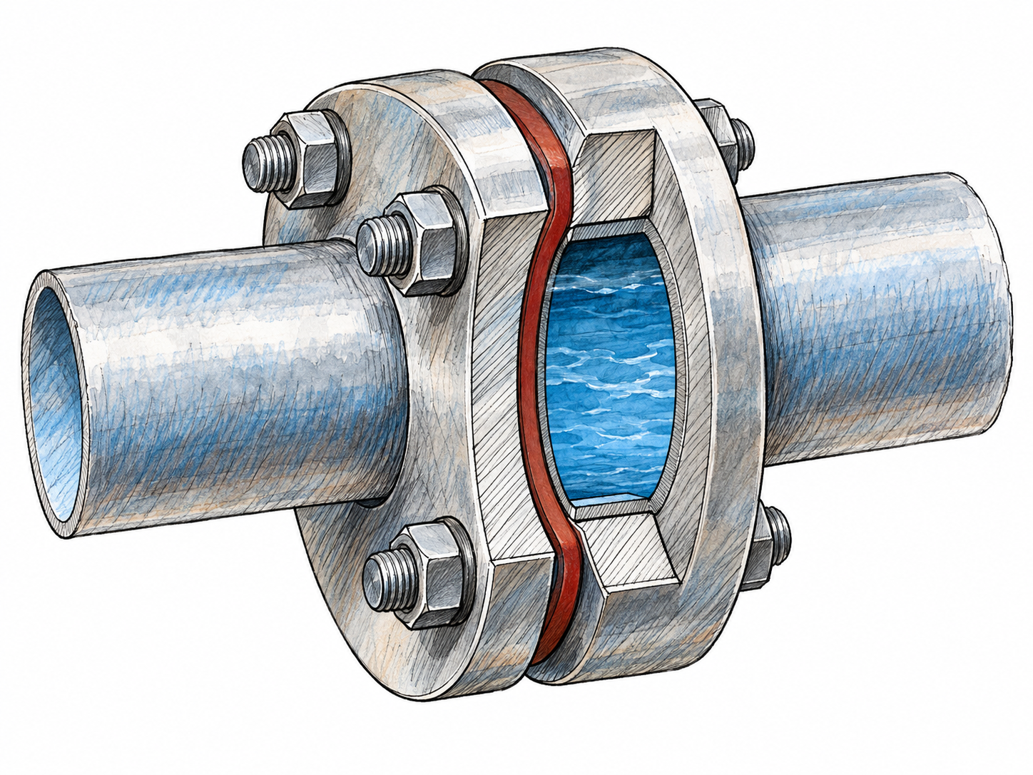 A close-up cutaway of a bolted pipe-flange joint exposes a distinct rubber gasket compressed between the two metal faces, sealing the water passage.