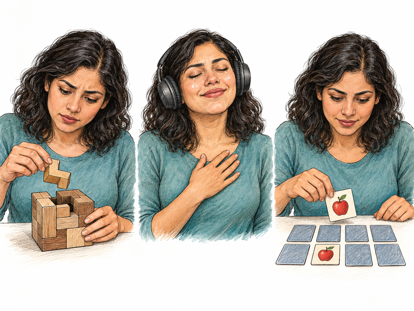 Three compact views of the same woman using her mind: reasoning through a puzzle, responding emotionally to music, and recalling locations in a memory-card game.