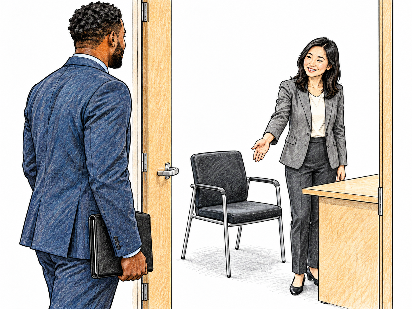 A job candidate looks toward an open office doorway as interviewer holds out an empty chair inviting next step; hopeful possibility before any agreement, no handshake or text.