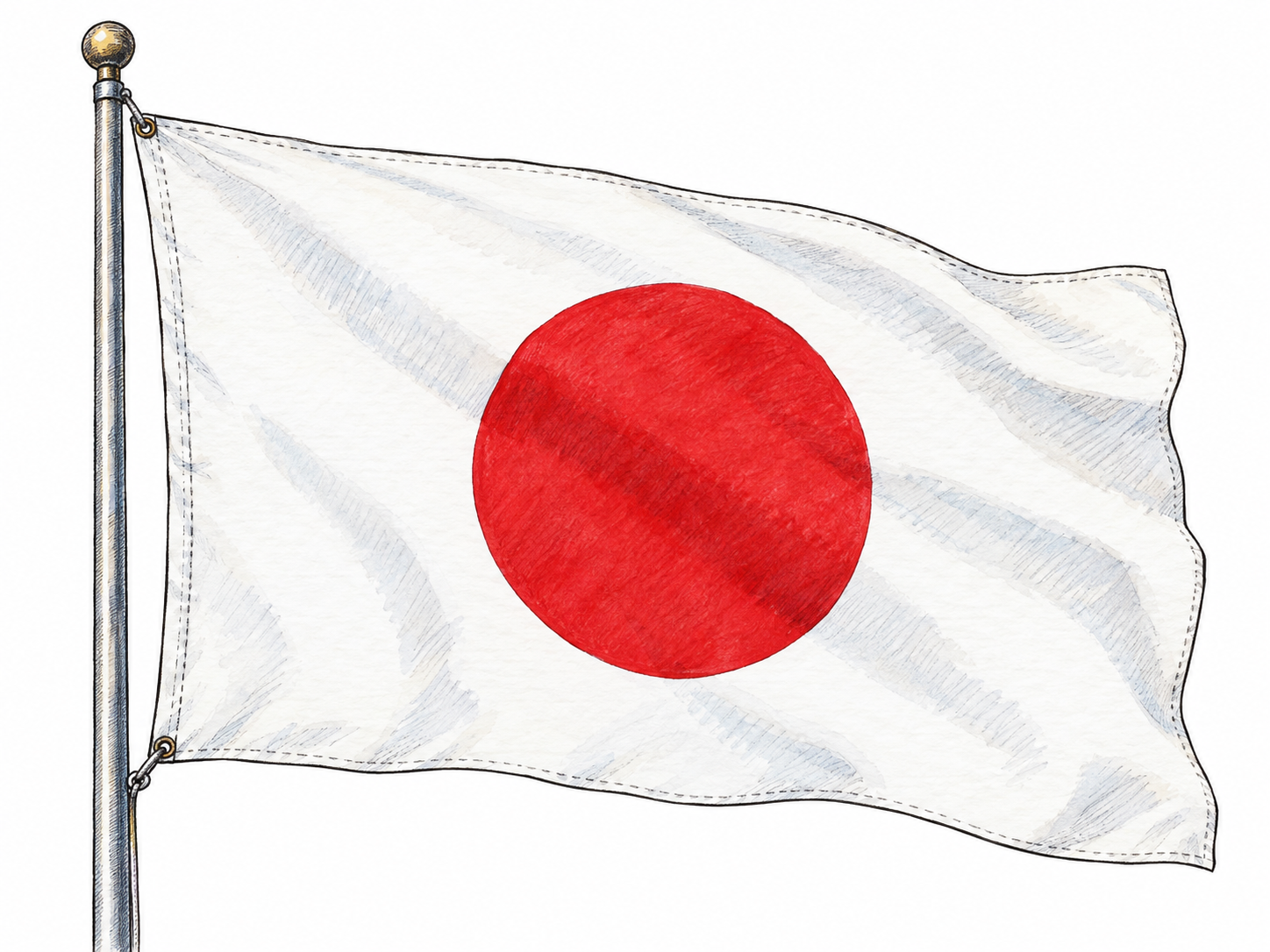 A recognizable Japanese national flag made of cloth, gently billowing from a simple flagpole, with its red disc clearly visible against the white fabric.