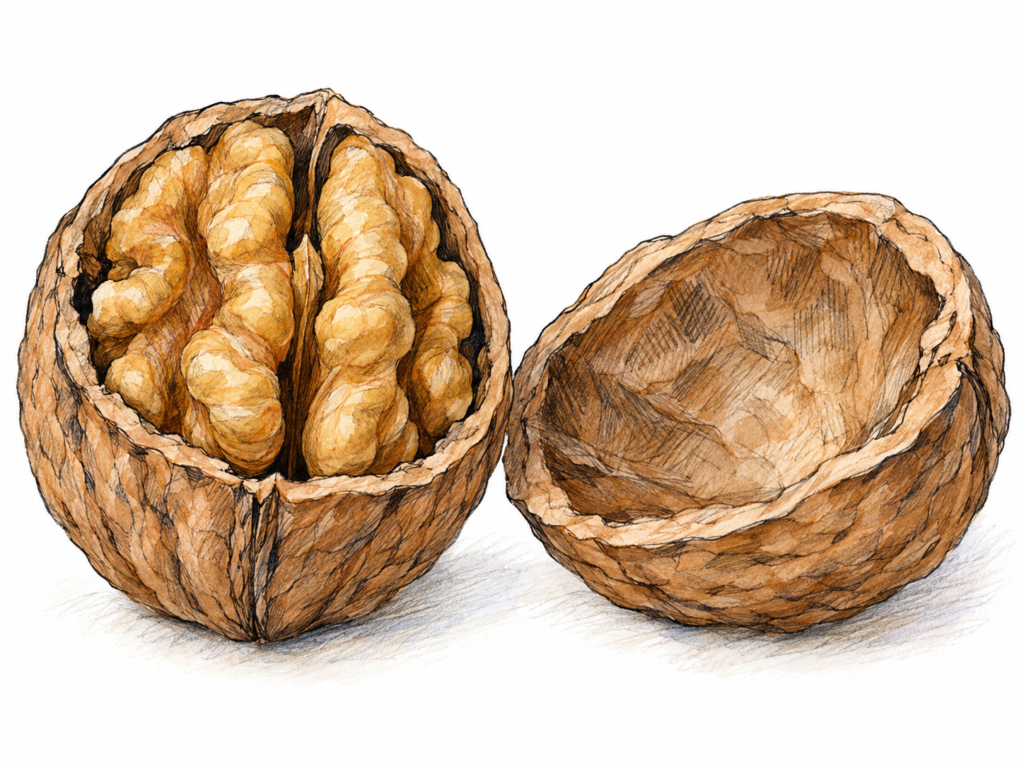A partially opened walnut with a thick, rigid shell enclosing its kernel; the removed shell half lies beside it with its hollow inner surface visible.