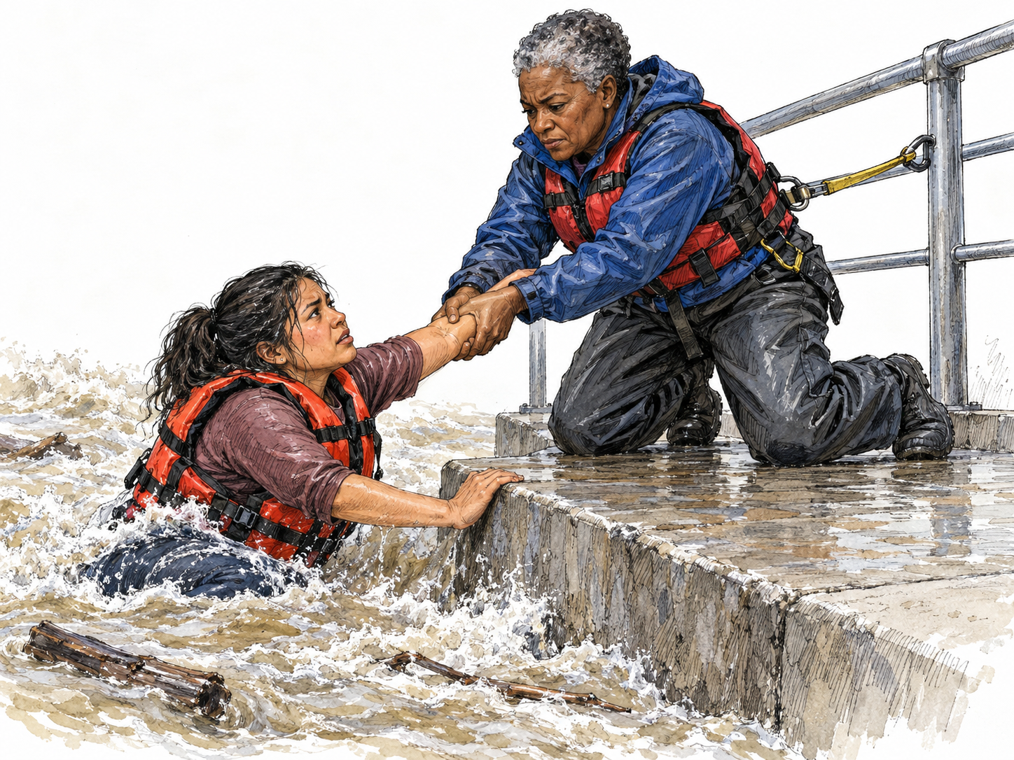 An older rescue worker braces against rushing floodwater while hauling a younger woman onto a raised concrete landing.