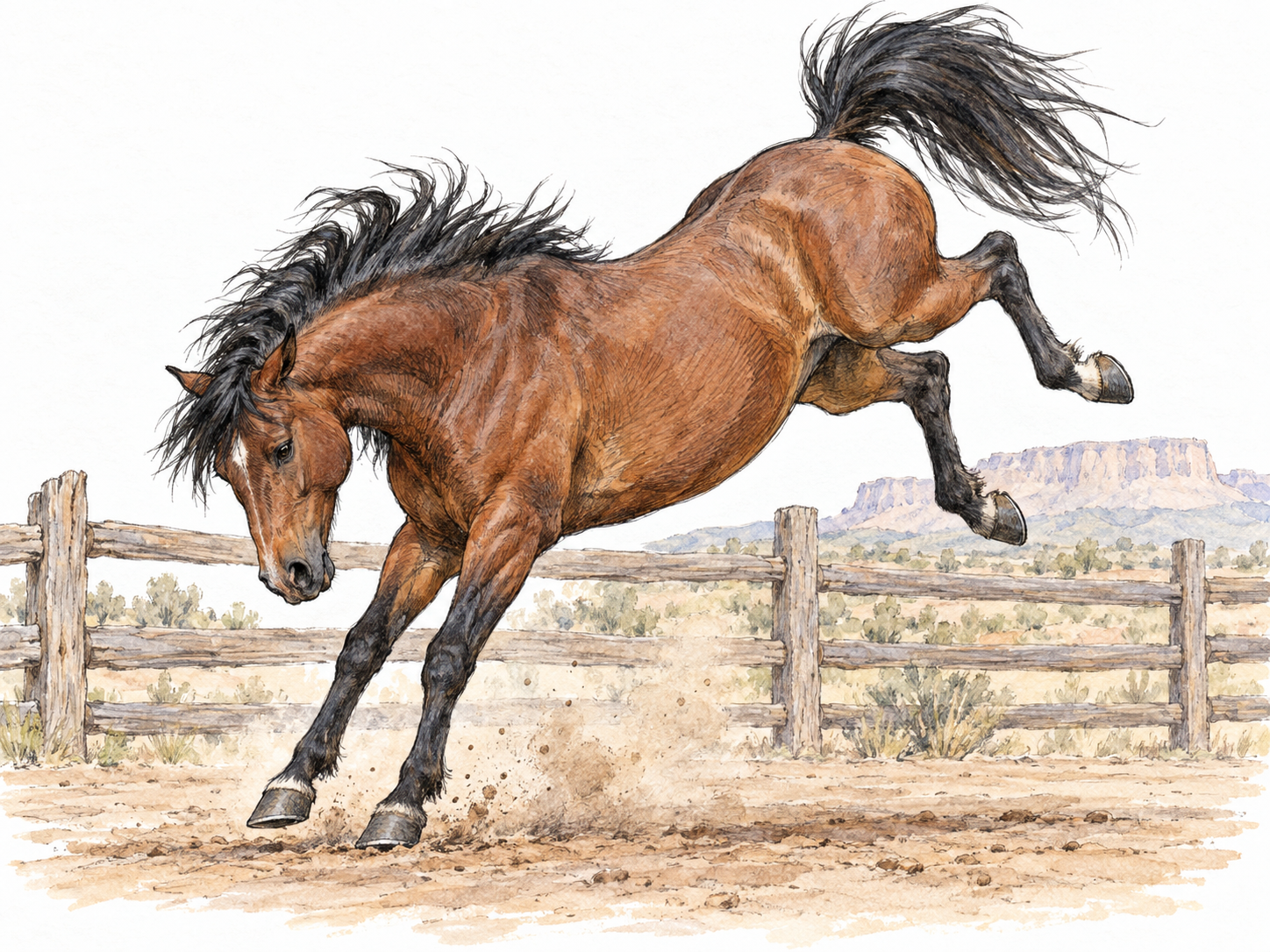 An unsaddled, unbridled horse bucks energetically in a rough wooden corral, with a sparse American West landscape beyond, making its untamed or partly trained state visible.