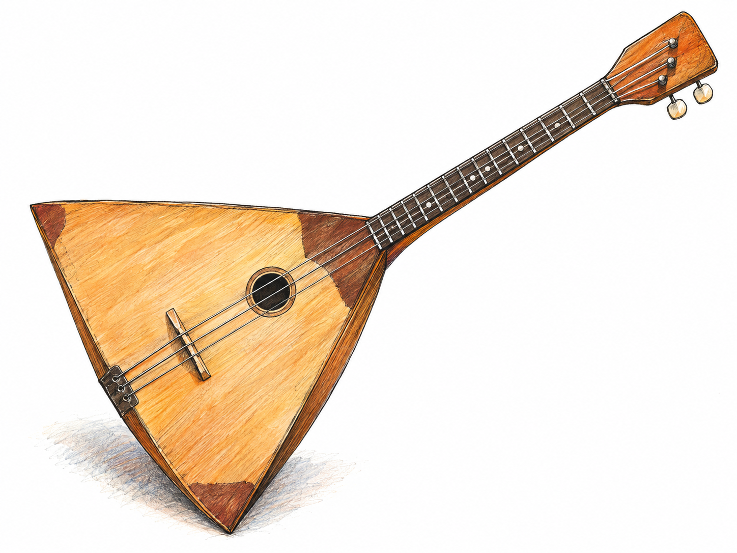 A single balalaika shown in a clear three-quarter view, emphasizing its triangular wooden body, long fretted neck, and three strings.