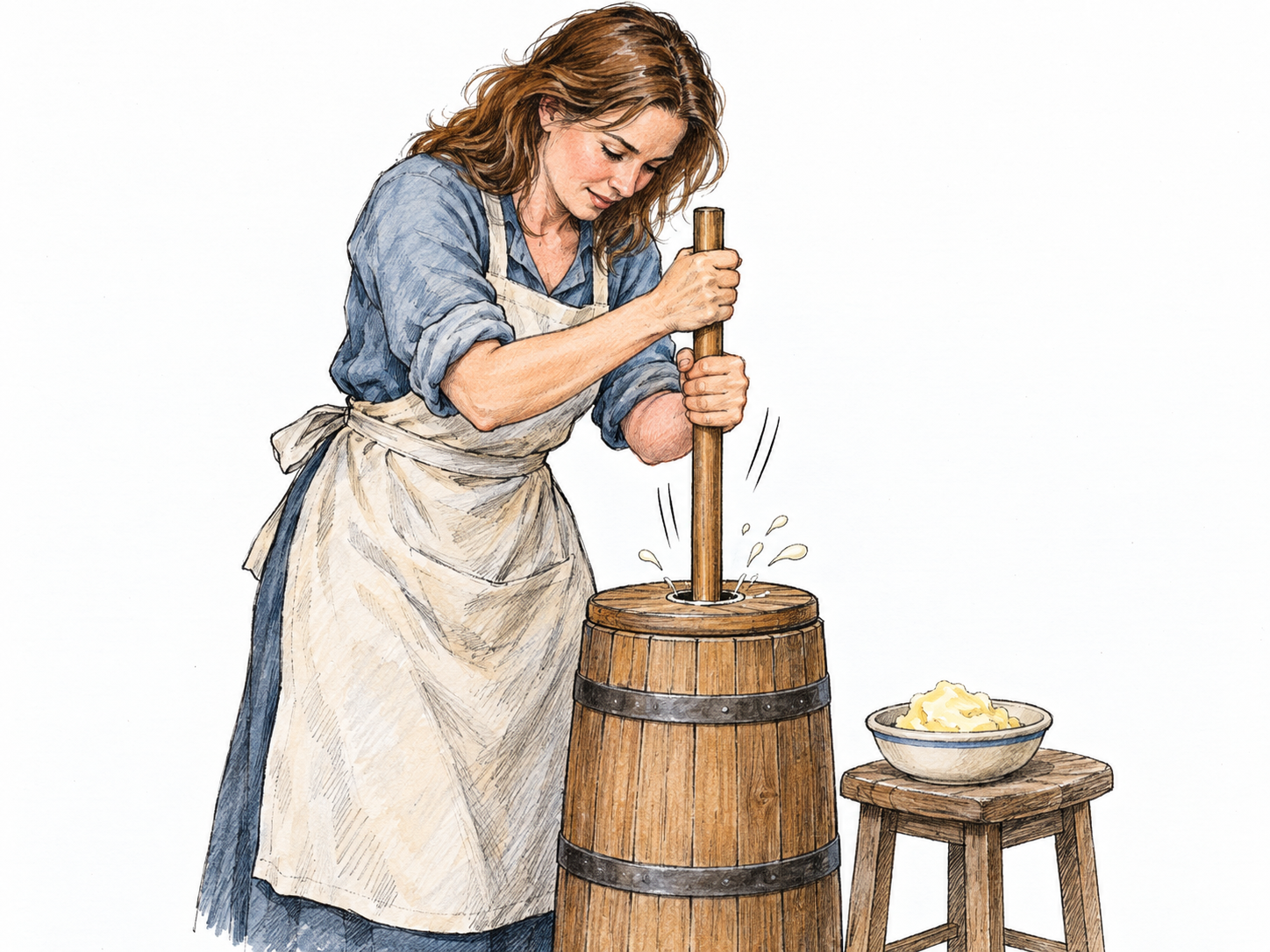 A woman vigorously pumps the dasher of a butter churn, with cream splashing around the shaft and a small dish of freshly formed butter beside the vessel.