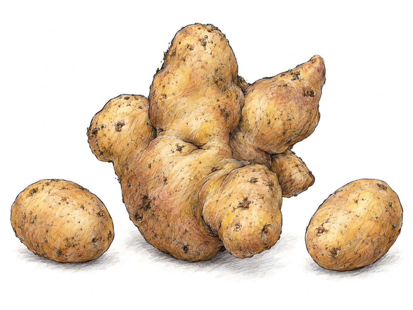 A grotesquely overgrown potato with fused bulbous lobes, deep creases and crooked knobby projections dwarfs two ordinary smooth potatoes beside it, making its unnaturally distorted form immediately apparent.