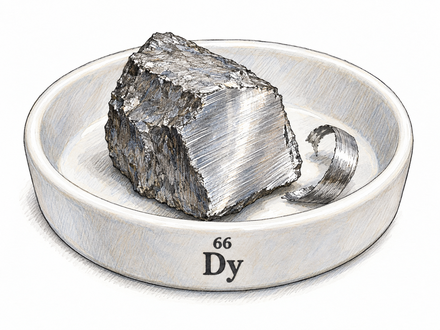A silvery dysprosium specimen in a small laboratory sample dish bearing only the indispensable chemical symbol Dy and atomic number 66.