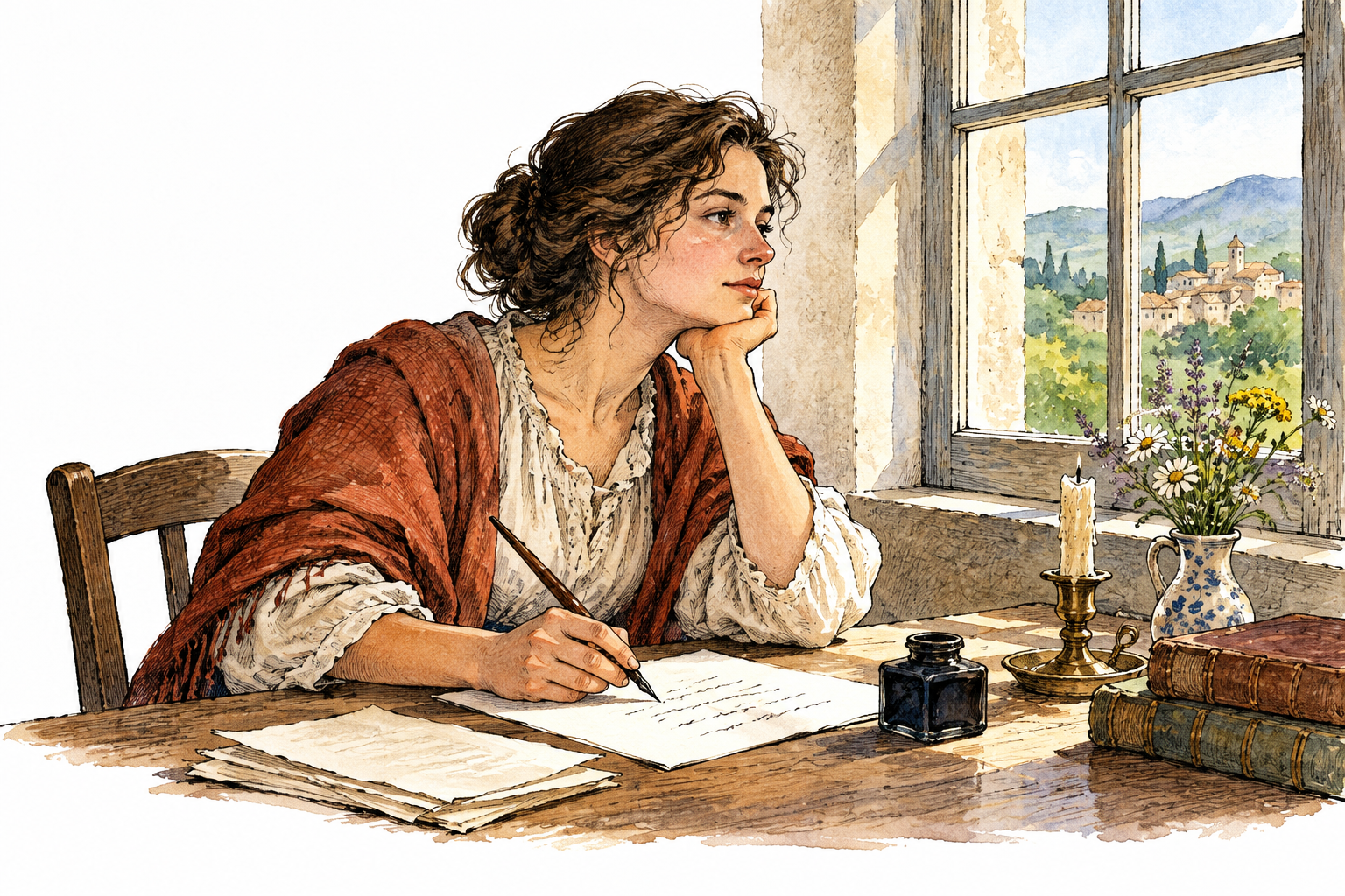 A thoughtful poet sits by a window writing short verse lines with a pen, abstract nonlegible strokes only.