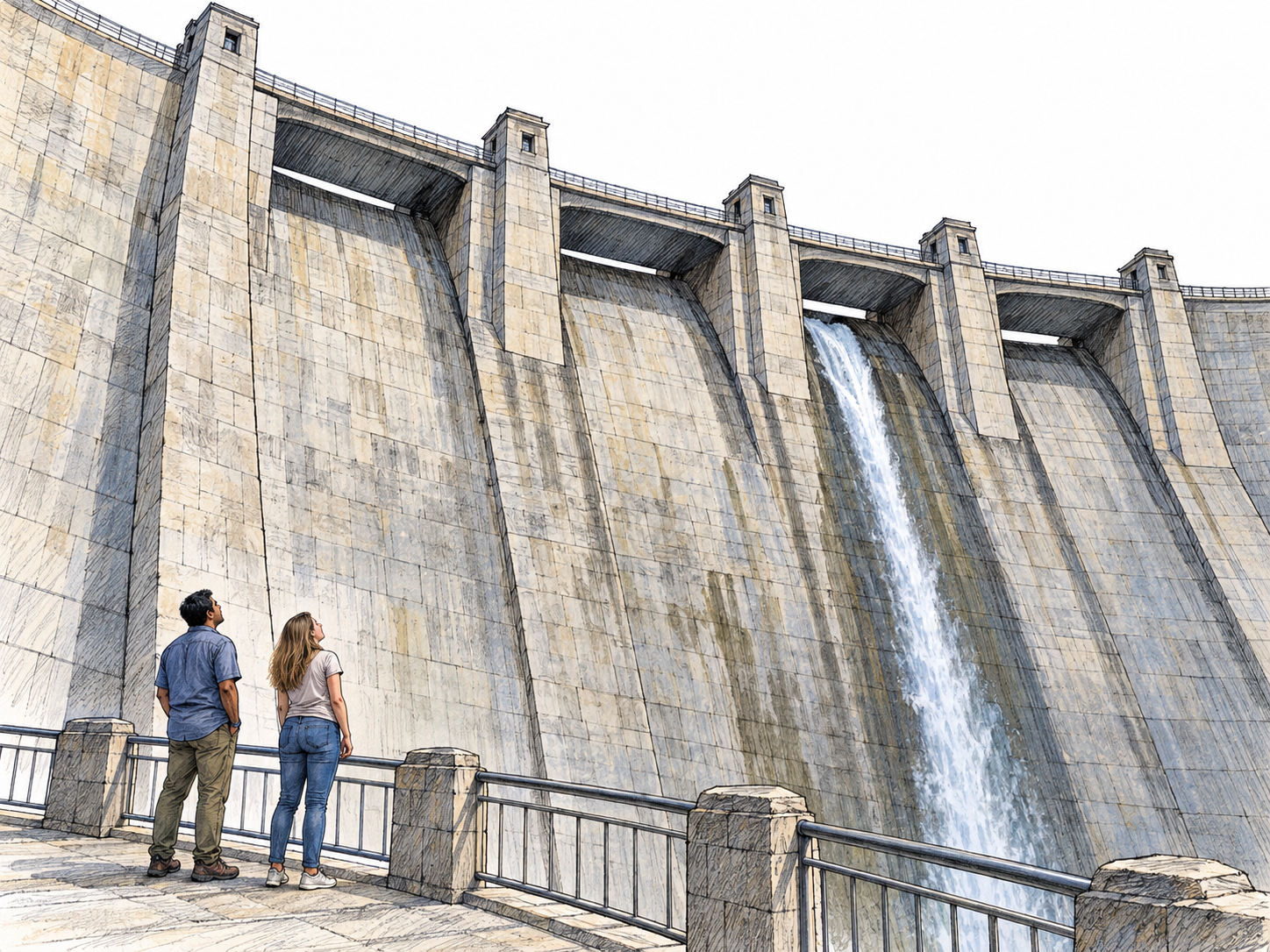An immense stone dam towers above two tiny visitors at its base.