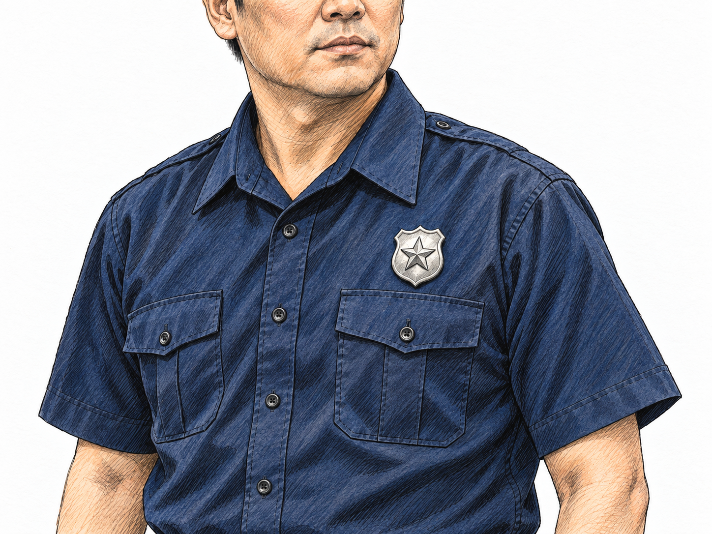 A close view of a uniformed officer wearing a small metal shield badge pinned to his chest, making the badge and its attachment clearly visible.