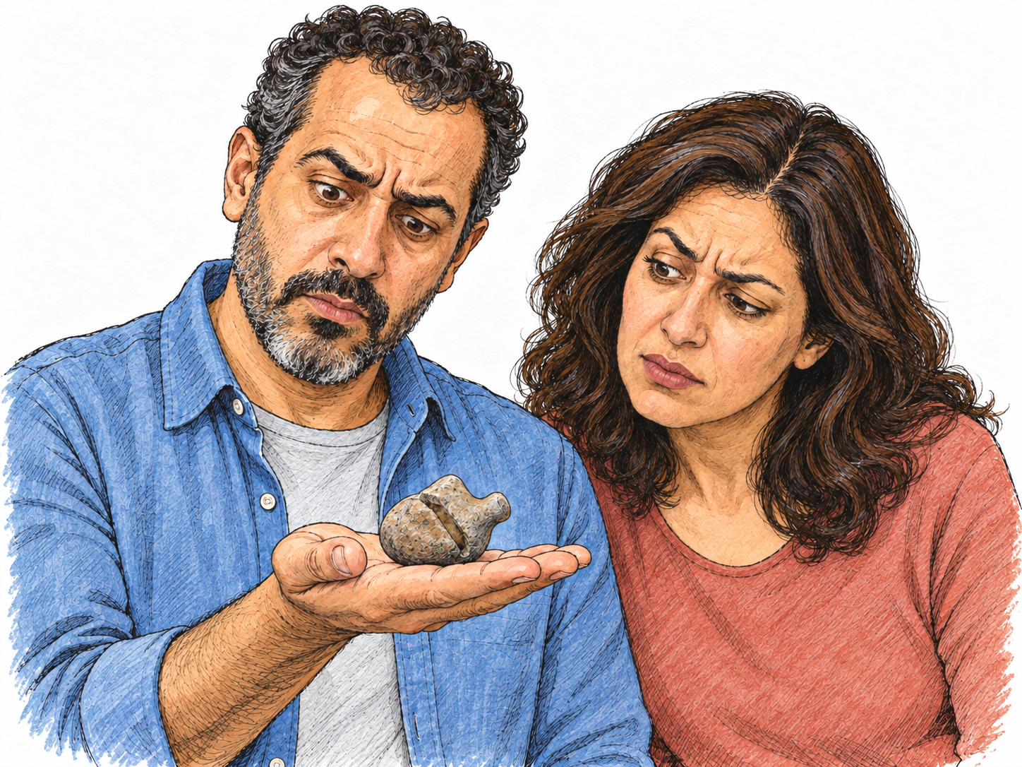 A man examines a small, genuinely unidentifiable thing on his open palm while a woman leans closer with puzzled curiosity.
