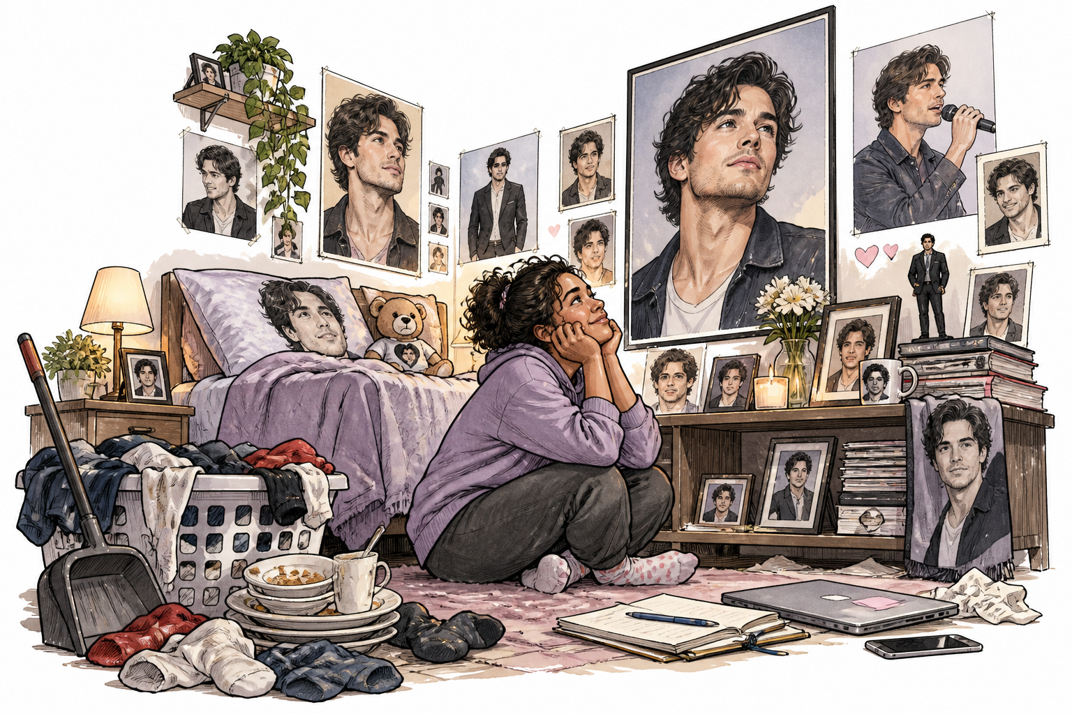 A fictional admirer devotes an entire room to one celebrity's portraits and neglects ordinary tasks, excessive devotion.