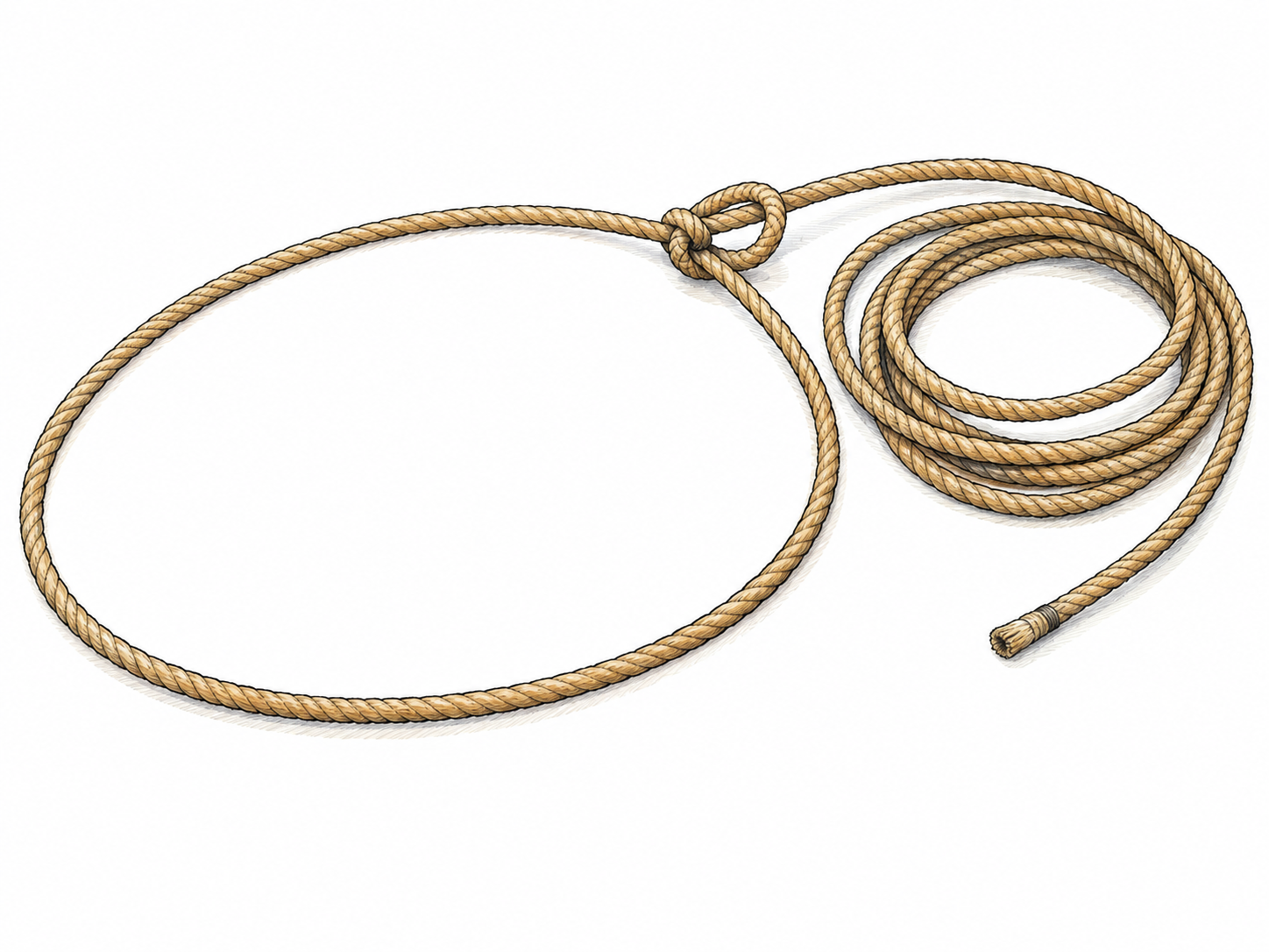 A clearly constructed livestock lariat displayed with its large open catching loop, visible honda eye, and remaining rope loosely coiled.