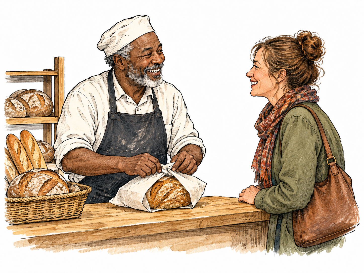 At a familiar neighborhood bakery, baker routinely wraps a customer's usual loaf as both greet with recognition; comfortable repeated practice rather than exceptional event, no writing.