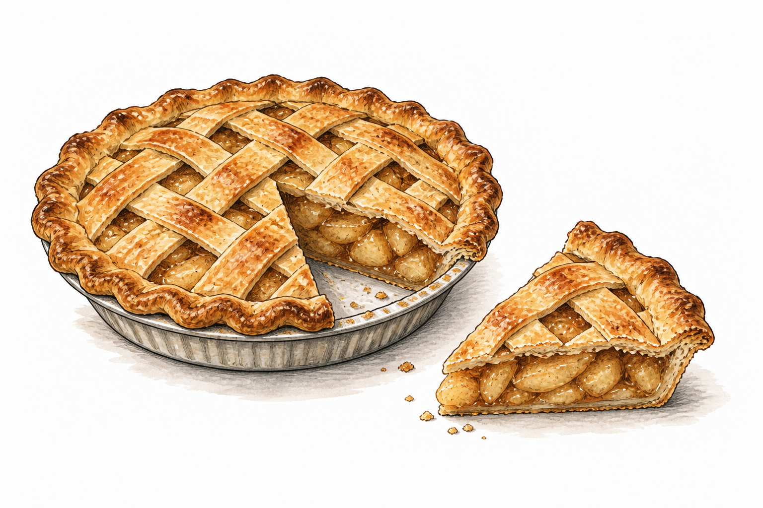 A single triangular piece removed from a round pie sits beside the whole pie with matching missing wedge, clean readable separated part.