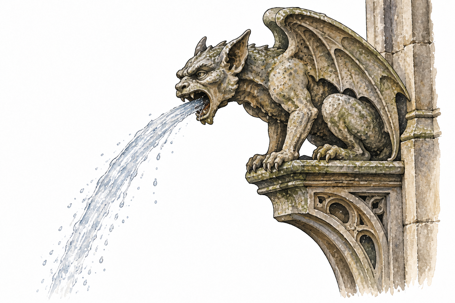 Grotesque carved stone gargoyle on Gothic ledge with rainwater spouting from its mouth.