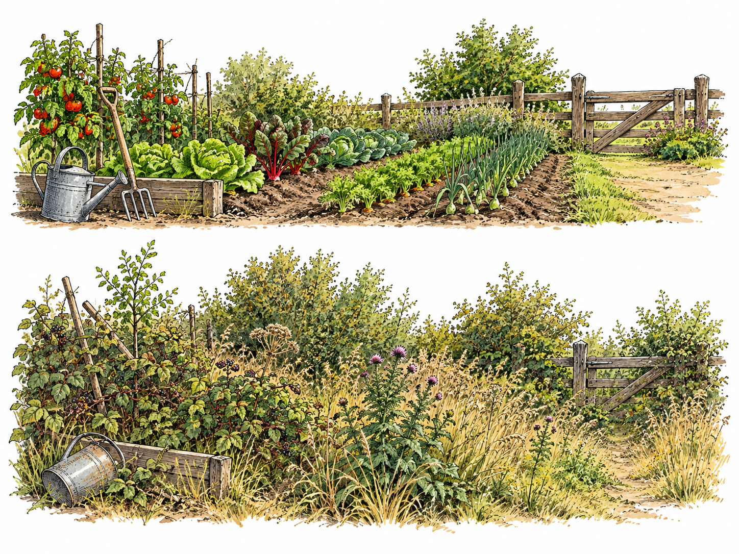 Garden abandoned after cultivation gradually returns to wild shrubs, before and after.