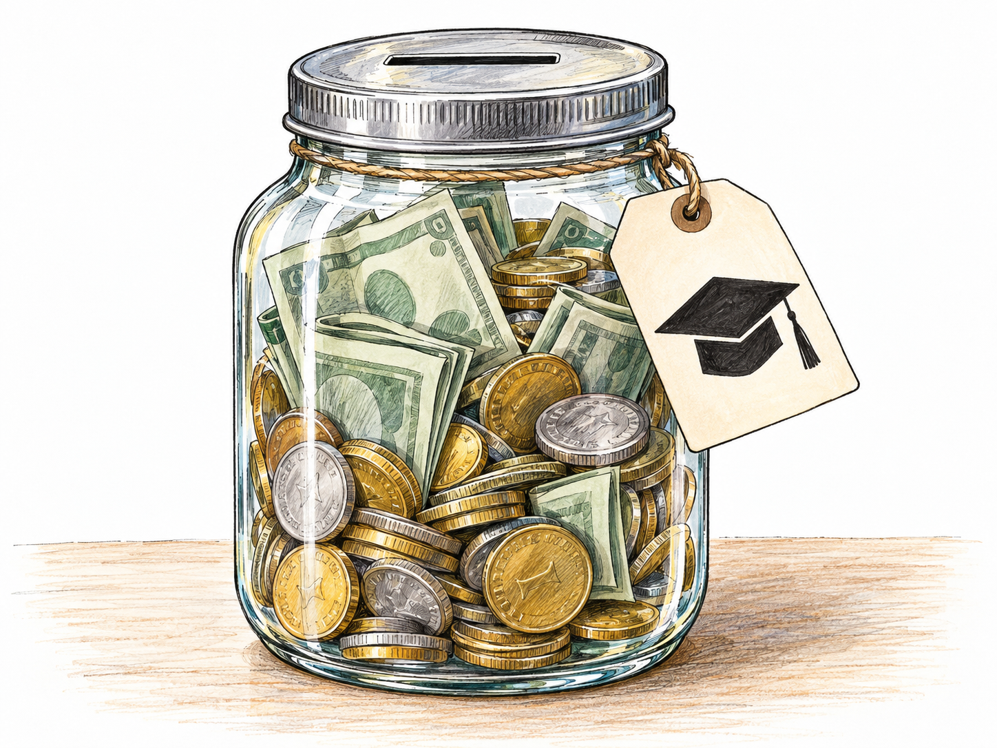 A transparent savings jar containing a substantial reserve of coins and folded banknotes, with a simple graduation-cap pictogram attached to show that the money is set aside for education.