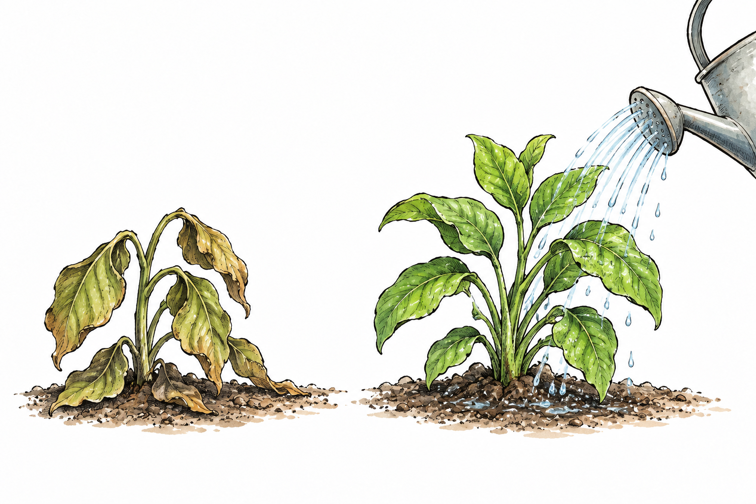 Two sequential views of same drooping plant before watering and then standing green and upright afterward, revival.